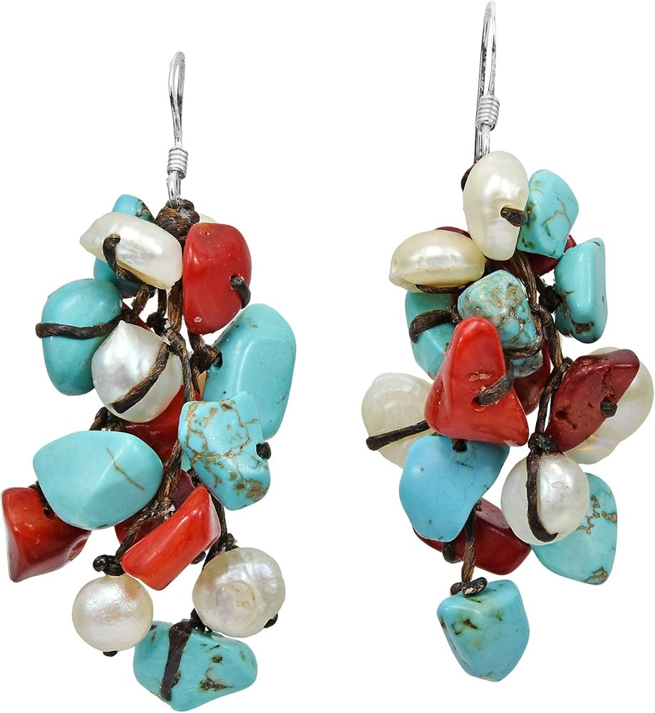 Cluster Simulated Turquoise & Reconstructed Red Coral & Cultured Freshwater White Pearl .925 Ster... | Amazon (US)