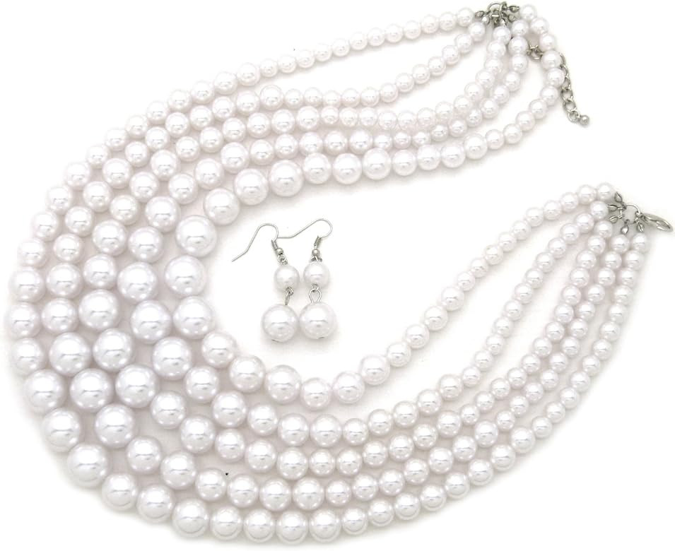 Women's Simulated Faux Pearl Five Multi-Strand Statement Necklace and Earrings Set | Amazon (US)