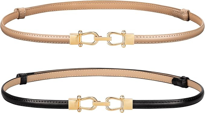 macoking Womens Thin Belt Leather Skinny Belts for Dresses with Gold Buckle | Amazon (US)