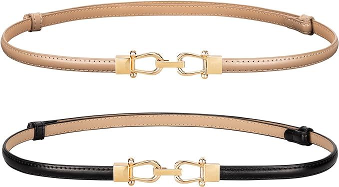 macoking Womens Thin Belt Leather Skinny Belts for Dresses with Gold Buckle | Amazon (US)
