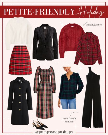 Petite friendly Holiday finds 

Black coat: petite 00 true to size 
Black dress: petite 00/xxs true to size 
Plaid peplum top: petite xxs 
Jumpsuit (haven’t yet tried on) 
Red and white sweater: xxs 
Velvet blazer: petite 00 true to size 
Red skirt: 00 
Plaid Button down: petite xs 
Shoes true to size 

#LTKHoliday #LTKSeasonal