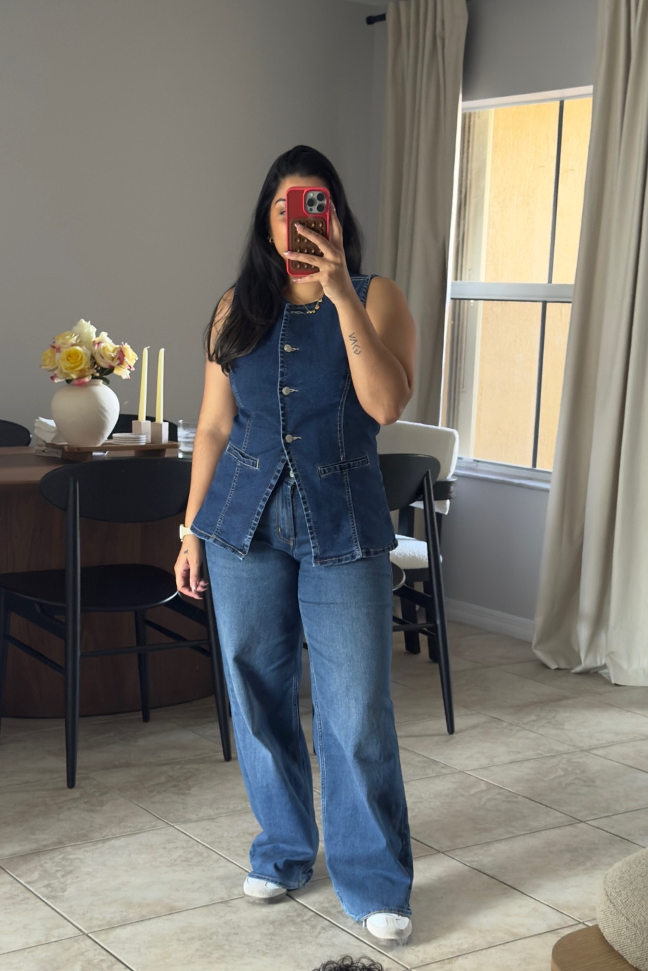Church outfit of the day! Inspo for a comfy and toddler chasing mom approved outfit! This is actually not a two piece set but I styled the top and bottom together! Loved it #matchingset #canadiantux #denim #churchfit 

#LTKMidsize #LTKMostLoved #LTKFamily