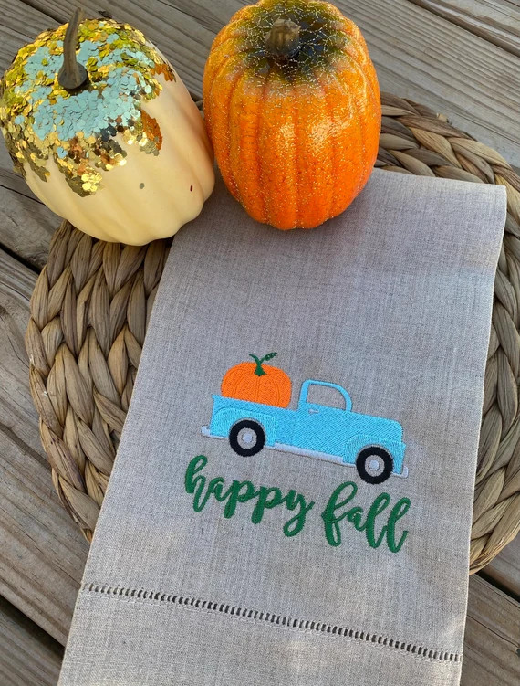 Embroidered Happy Fall Truck Towel / Fall Linen Hand Towel / | Etsy | Etsy (US)