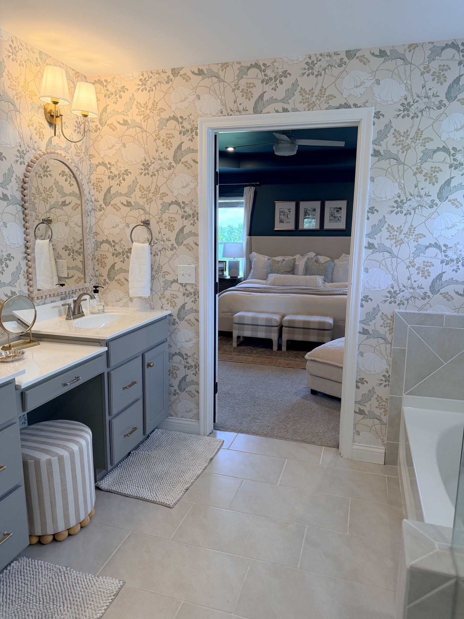 Master suite, master bedroom, master bathroom, magnolia home Gwendolyn wallpaper, tov striped ottoman, Tilly bead

#LTKHome #LTKSaleAlert