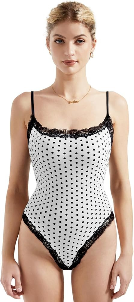 SUUKSESS Women Square Neck Lace Bodysuit Sleeveless Spaghetti Strap Tank Top | Amazon (US)
