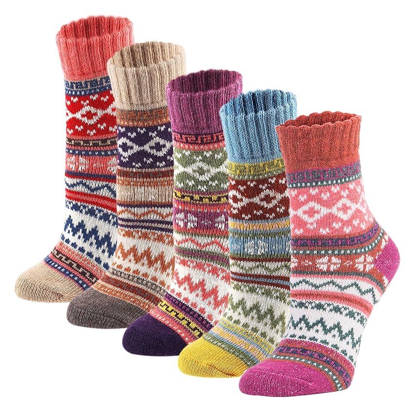 YZKKE 5Pack Womens Vintage Winter Soft Warm Thick Cold Knit Wool Crew Socks, Multicolor, free size | Amazon (US)