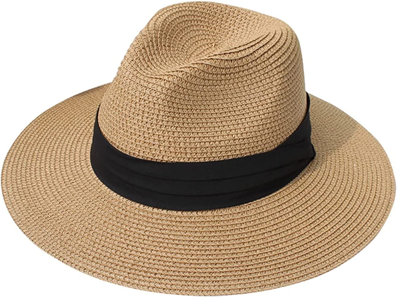 Women Wide Brim Straw Panama Roll up Hat Belt Buckle Fedora Beach Sun Hat UPF50+ | Amazon (US)