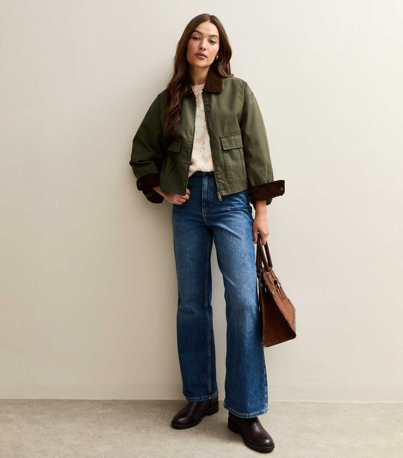 Khaki Contrast Collar Cropped Barn Jacket | New Look | New Look (UK)