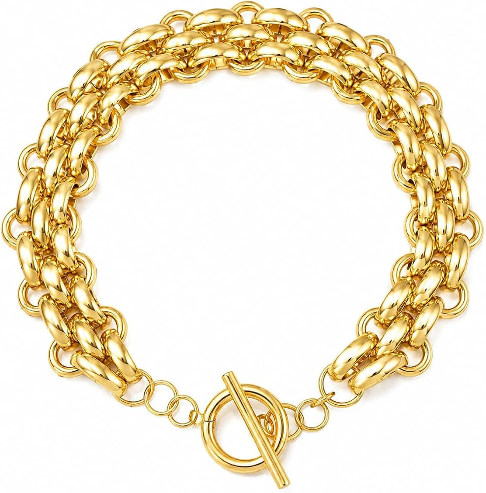 Chunky Link Chain Choker Necklace for Women, Triple Layer Cuban Chain Toggle Clasp Statement Neck... | Amazon (US)