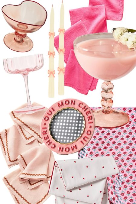 Valentines tablescape 
Valentine’s Day dinner table ideas 
Galentine’s Party ideas 
Pink colored glassware champagne coupes and block print tablecloths and heart print tableware 

#LTKSeasonal #LTKfindsunder50 #LTKhome