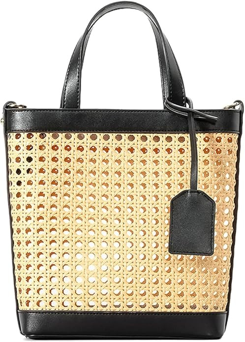 Woven Rattan Bag for Women Perforated PU Leather Bucket Bag Summer Top-handle Drawstring Handbag ... | Amazon (US)