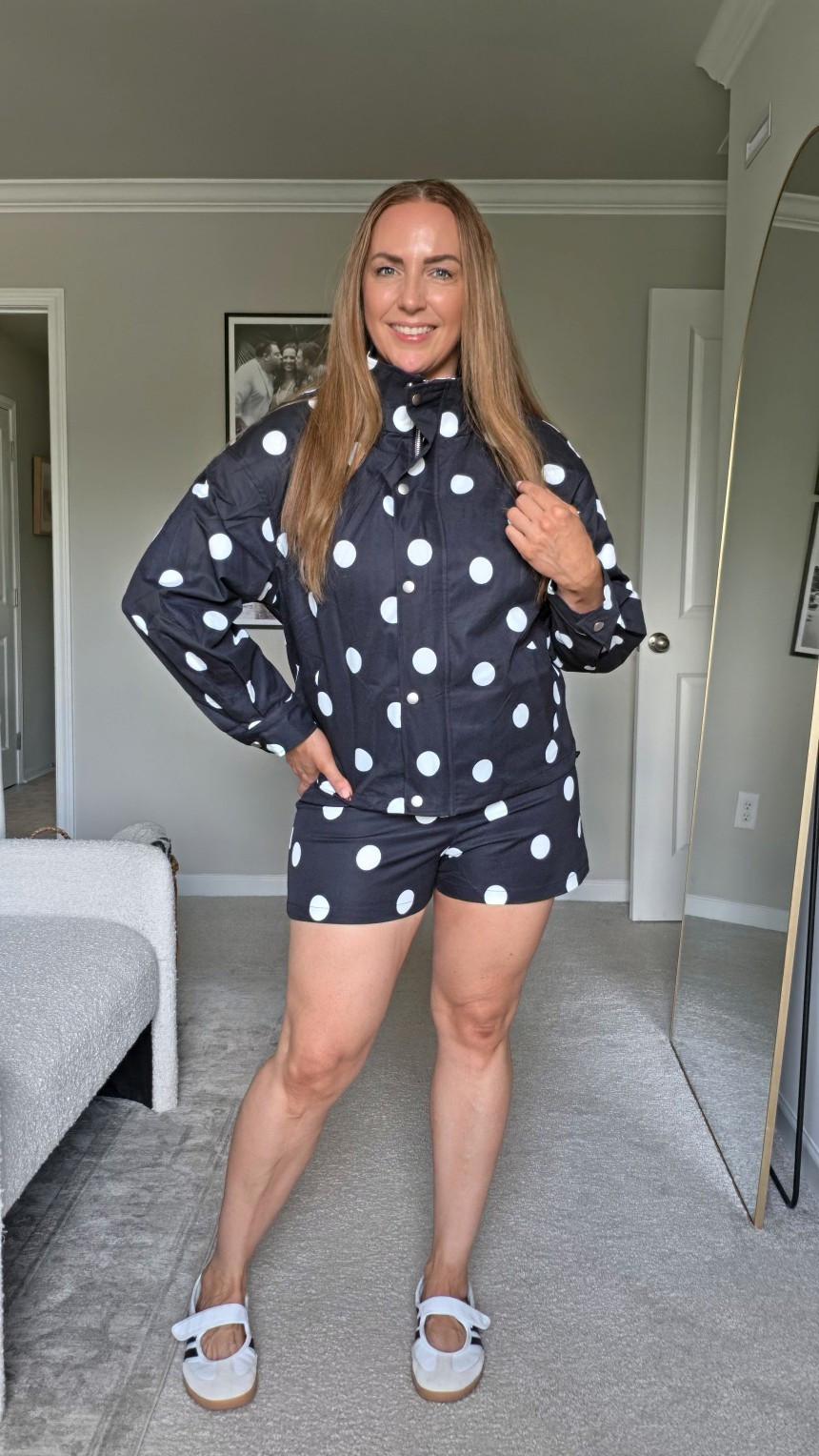 This polka dot two-piece set is such a fun and effortless matching look, complete with pocket shorts and an adorable zip jacket. Pair it with casual sneakers for an easy, stylish day out.#matchingoutfit #twopieceset #casualstyle #everydaychic

#LTKSeasonal #LTKOver40 #LTKootd