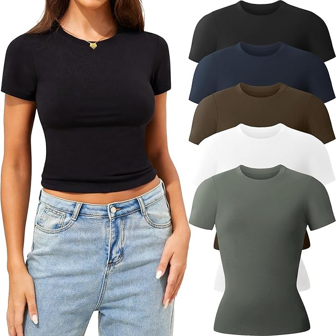 CE' CERDR 3/5 Pack Womens T Shirts Crew Neck Short Sleeve Shirts for Women Casual Basic Fitted St... | Amazon (US)