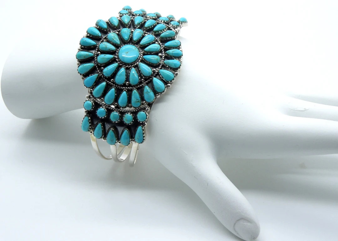 Genuine Blue Kingman Turquoise 925 Sterling Silver Cuff Cluster Bracelet, Adjustable - Etsy | Etsy (US)