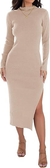 ZESICA Women's 2026 Ribbed Knit Dress Long Sleeve Mock Neck Slim Fit Side Slit Fall Elegant Sweat... | Amazon (US)