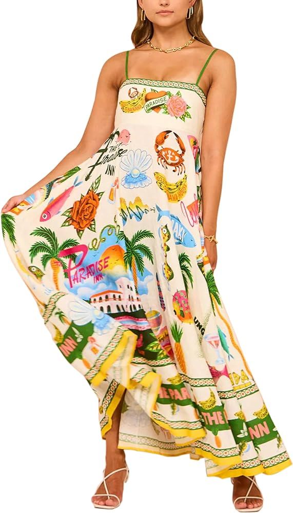 Women's Print Maxi Cami Dress Boho Sleeveless Spaghetti Strap Flowy Dress Summer A Line Beach Sun... | Amazon (US)