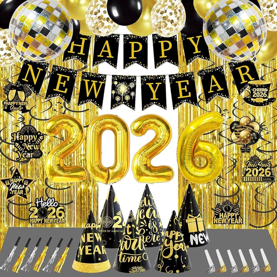 Black Gold New Year Decorations 2026 Party Decorations Include New Year Balloons Banner Hanging S... | Amazon (US)