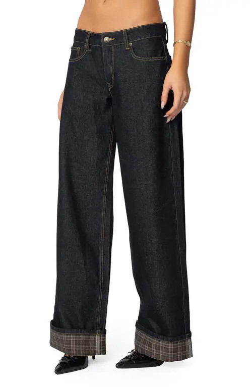 EDIKTED Plaid Cuff Wide Leg Jeans in Blue at Nordstrom, Size Large | Nordstrom
