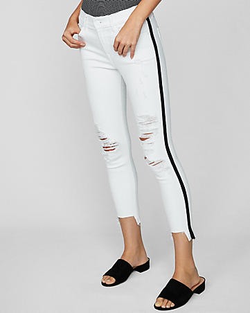 Mid Rise Side Stripe Ripped Stretch Cropped Jean Leggings | Express