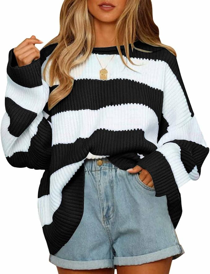 ZESICA Women's 2023 Fall Long Sleeve Crew Neck Striped Color Block Comfy Loose Oversized Knitted ... | Amazon (US)