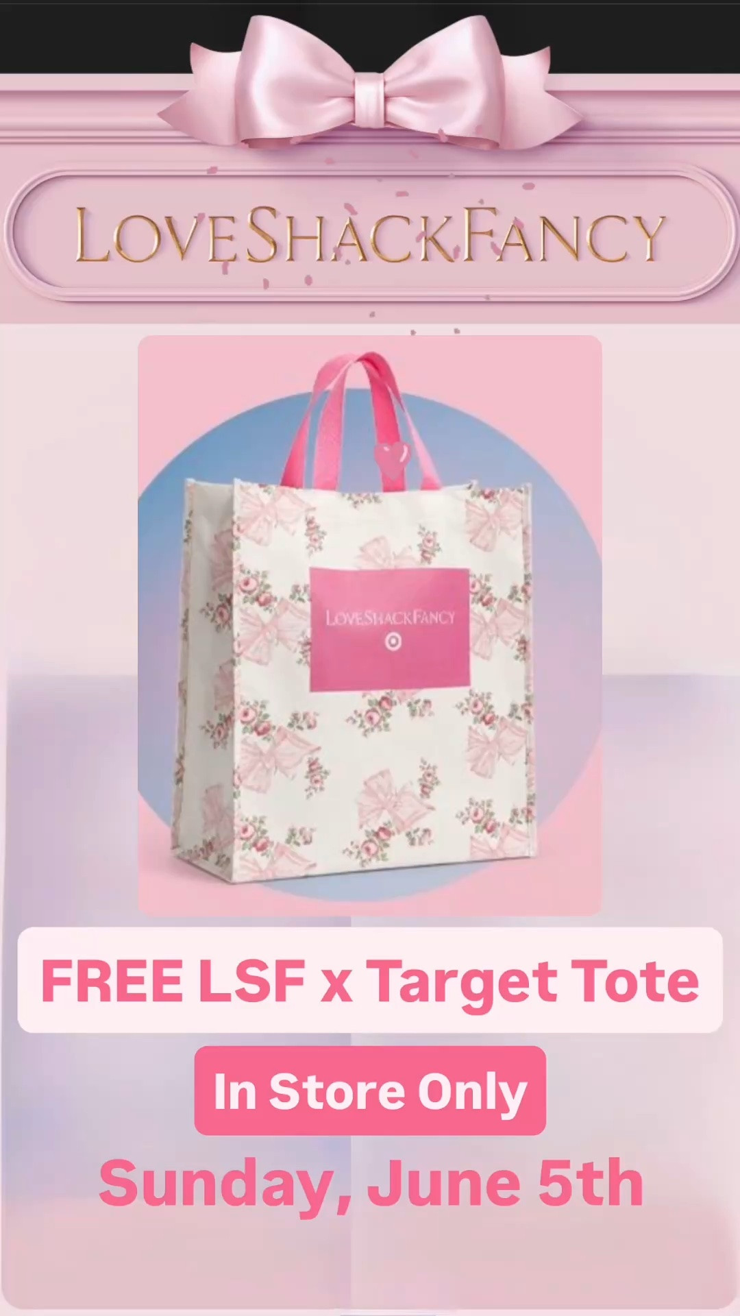 On Sunday, July 5th @target will have free @target x @loveshackfancy totes in store only while supplies last!  These will be available at opening during the LSF drop!  Set your alarms, a lot will go QUICK! 🎀

#target #trending #love #pink #viral

#LTKmomlife #LTKKids #LTKTravel
