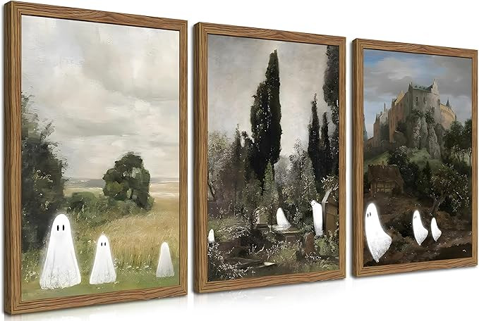 Vintage Halloween Wall Art Set of 3, Gothic Landscape Cute Ghost Wall Decor, Farmhouse Country Po... | Amazon (US)