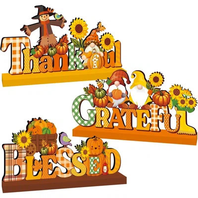 Fall Decorations For Home Wood Table Centerpieces, 3Pcs Grateful Thankful Blessed Fall Centerpieces For Tables Pumpkin Sunflower Style Autumn Thanksgi | Wayfair North America