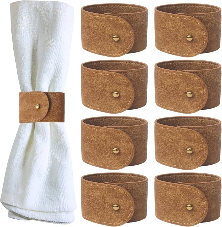 Luxury Leather Napkin Rings Set of 8, Camel, Morgan Faux Style, Modern Cuff Design for Wedding Pa... | Amazon (US)