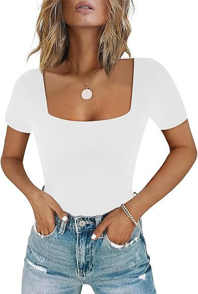 Chunpin Women's Sexy Square Neck Short Sleeve Bodysuit Tops Double Lined Thong Bodysuit | Amazon (US)