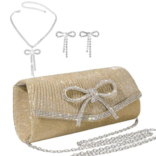 ele ELEOPTION Bow with Necklace Set Evening Bag Clutch Purses for Women Wedding rhinestone purse Party formal Prom Clutch Bags Gold | Amazon (US)
