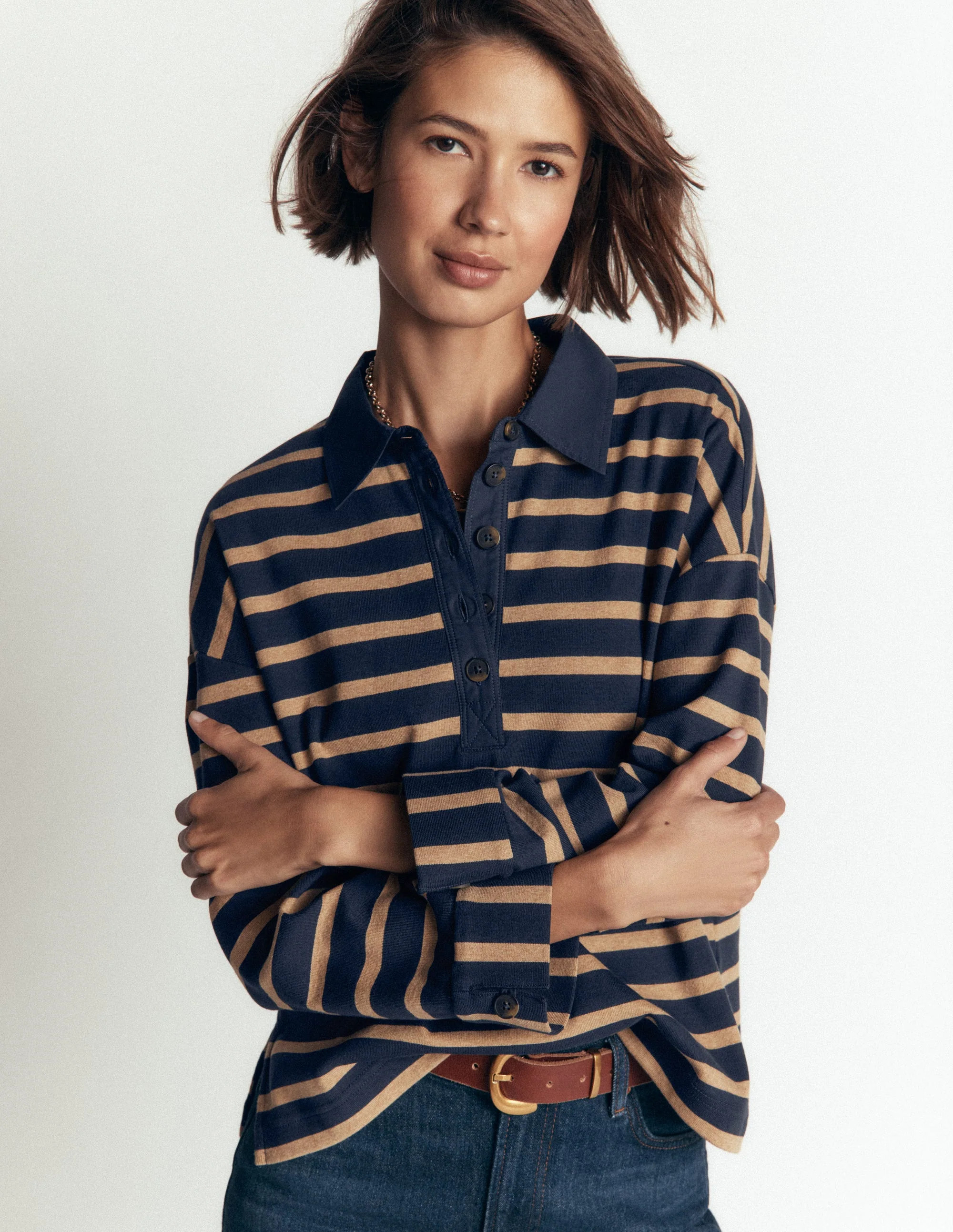 Marini\u00e8re \u00e0 col boutonn\u00e9-Ray\u00e9 bleu marine et camel | Boden FR