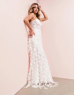 ASOS LUXE Wedding 3D fringe cupped fishtail maxi dress in white | ASOS (Global)