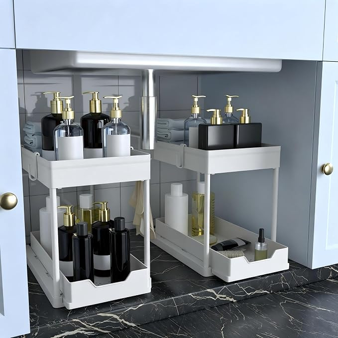 DEKAVA Cabinet, 2 Pack Under Sink Organizer, 2 Tier Sliding Bathroom Kitchen Organizer, Large Whi... | Amazon (US)