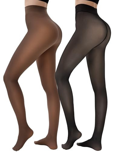 HONGTEYA 2 Pairs Fleece Lined Tights Women - Warm Sheer Pantyhose Fake Translucent Tights Winter Thermal Leggings | Amazon (US)