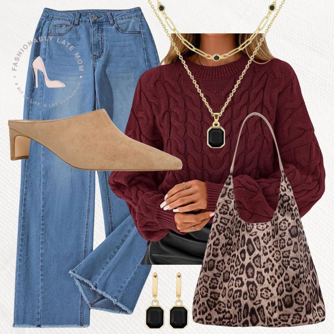 Chic Fall inspired outfit. 

Fashionablylatemom. 
Fall outfit. 
Womens clothing. 
Womens denim. 
Wide leg jeans. 
Trendy denim. 
Oversized sweaters. 
Burgundy sweater. 
Brown heels. 
Womens heels. 
Suede purse. 
Cheetah purse.
Slouchy shoulder bag. 
Gold jewelry. 
Gold necklace. 
Black detailing. 
Gold earrings. 

#LTKStyleTip #LTKShoeCrush #LTKSeasonal