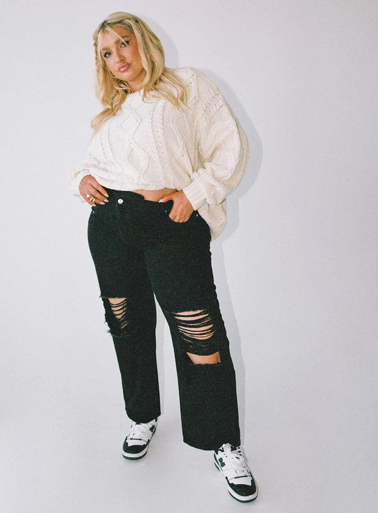 Holly Asymmetric Ripped Leg Jeans Black Denim Curve | Princess Polly US