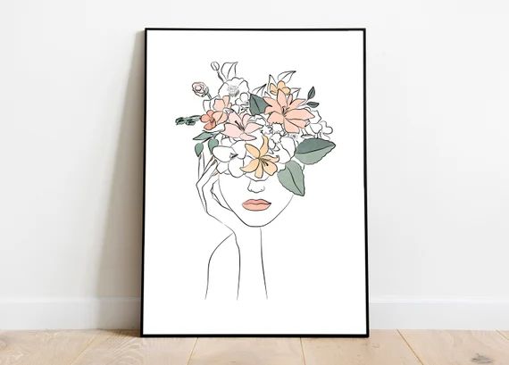Modern Minimalist Female Line Drawing, Flowers Woman Print, Woman With Flower Head Print, Minimal... | Etsy (US)