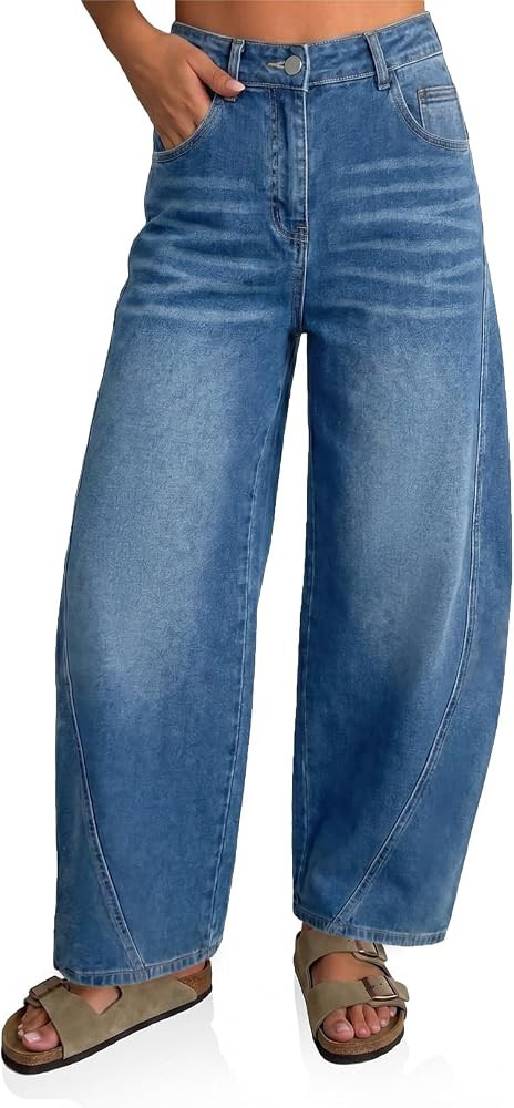 Womens Barrel Jeans Casual Wide Leg Baggy Cropped Denim Pants | Amazon (US)