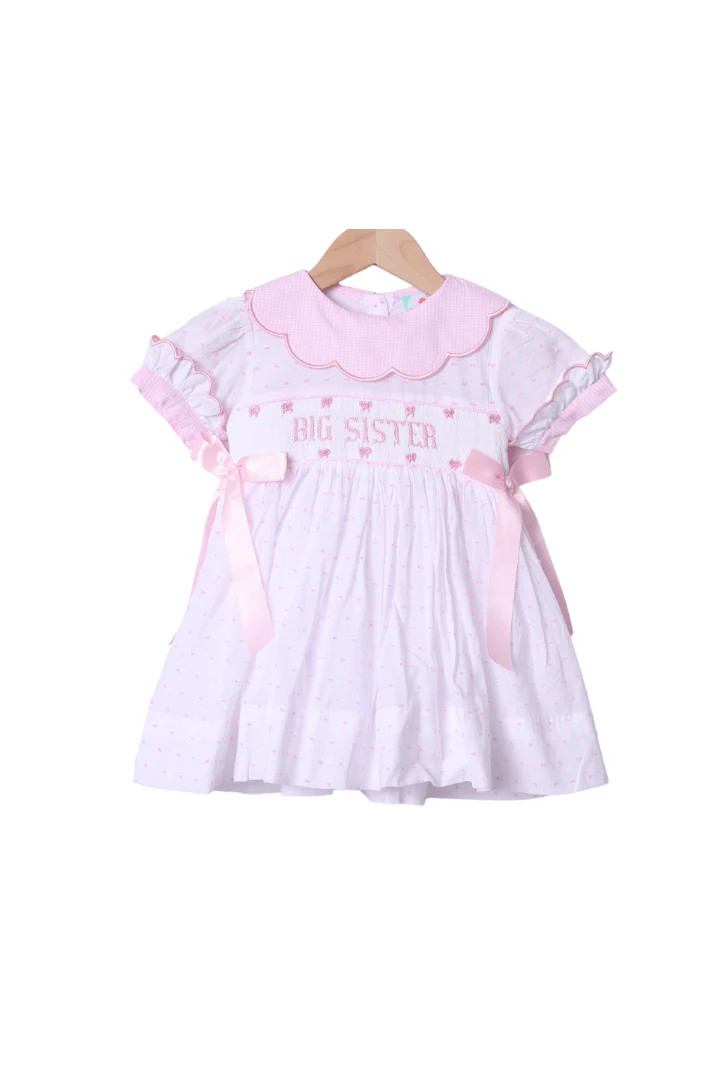 Smocked Big Sister Pink and White Swiss Dot Bow Dress | The Smocked Flamingo