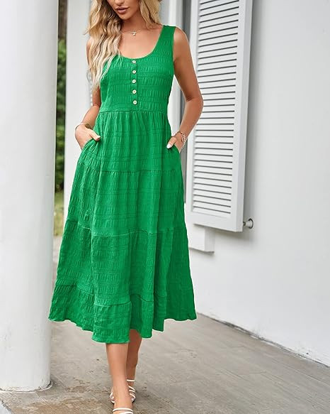 Marigulene Women's Summer Boho Sleeveless Casual Midi Dress Tiered A Line Sundress with Pockets | Amazon (US)