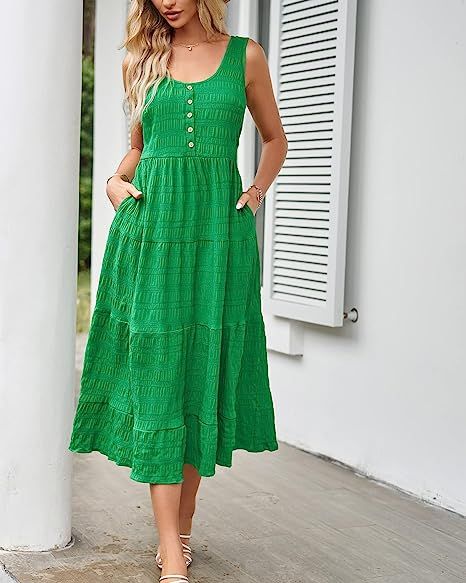Marigulene Women's Summer Boho Sleeveless Casual Midi Dress Tiered A Line Sundress with Pockets | Amazon (US)