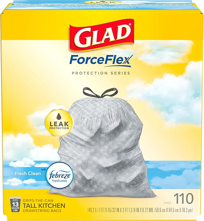 Glad Trash Bags, ForceFlex Tall Kitchen Drawstring Garbage Bags, 13 Gal, Fresh Clean Scent with F... | Amazon (US)