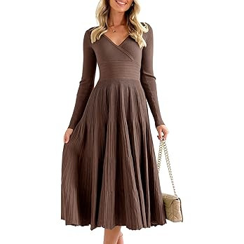 Saodimallsu Womens Long Sleeve Midi Sweater Dress Wrap V Neck Pleated A Line Fit Flare Elegant Kn... | Amazon (US)