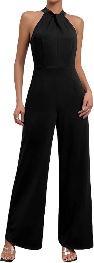 WDIRARA Women's Sleeveless Zipper Back Halter Neck Wide Leg Jumpsuit Elegant Pants | Amazon (US)