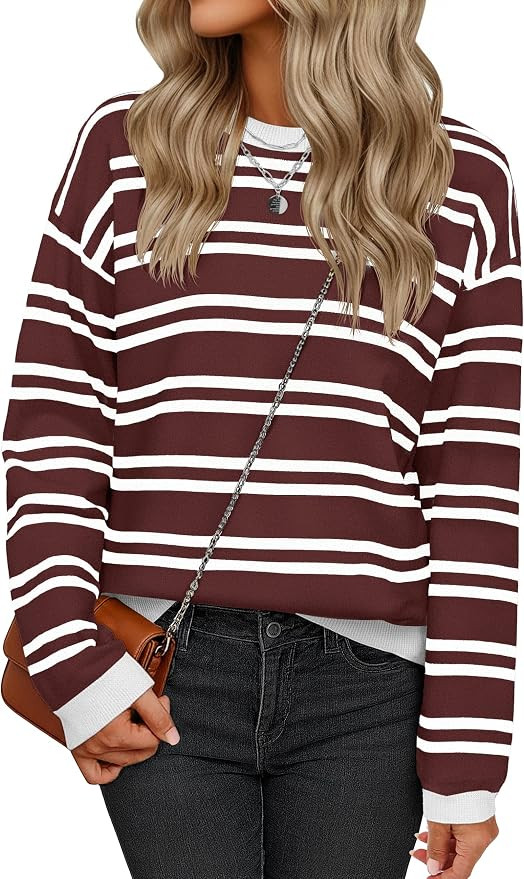 YUCOLEN Womens Striped Sweaters Casual Crewneck Long Sleeve Knit Pullover for Fall Winter | Amazon (US)