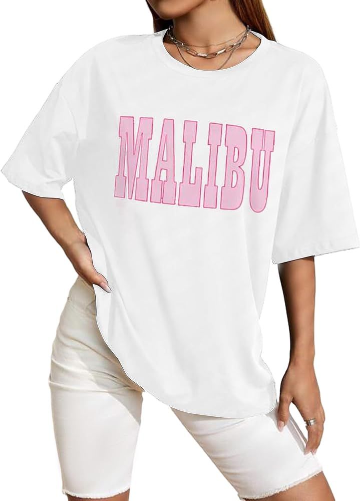SAFRISIOR Women Oversized Letter Print Graphic T-Shirt Crewneck Drop Shoulder Short Sleeve Loose ... | Amazon (US)