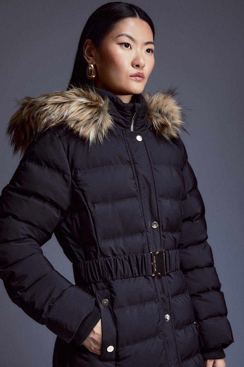 Heat Seal Puffer Belted Faux Fur Hood Longline Jacket | Karen Millen UK + IE + DE + NL