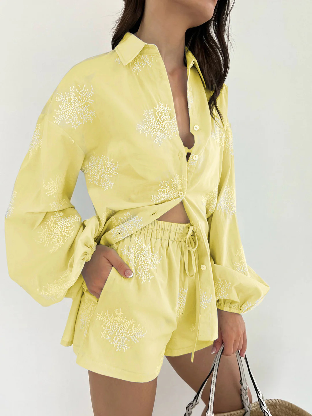 Plant Embroidery Casual Shorts Set | Commense