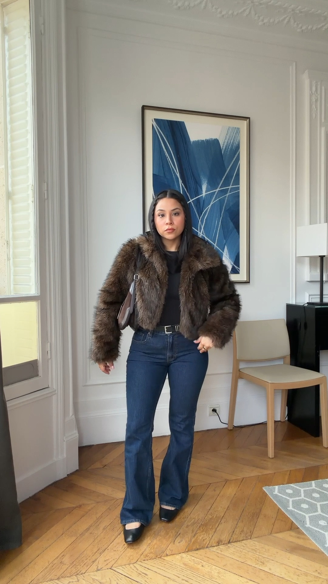 Jeans: 27 short 
Long sleeve top: small 
Faux fur jacket: small 
Black flats: 6.5 
Black belt 
Brown suede bag 

#LTKPetite #LTKSeasonal