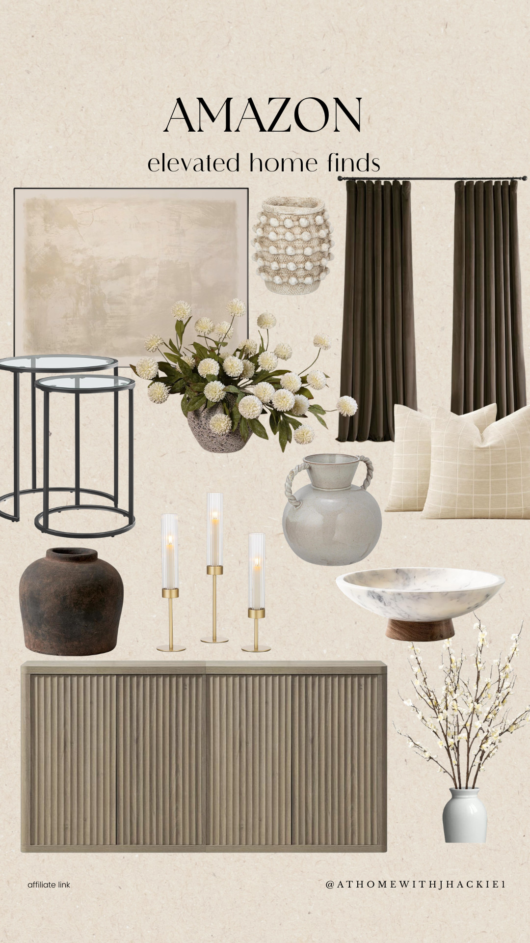 Amazon elevated home decor, modern console cabinet, fluted media cabinet, nesting side tables, abstract neutral wall art, decorative beaded vase, faux floral arrangement, dark brown curtain panels, marble decorative bowl, brass taper candle holders, rustic ceramic vase, modern organic living room decor, neutral throw pillows, luxury amazon home finds 

 

#LTKHome